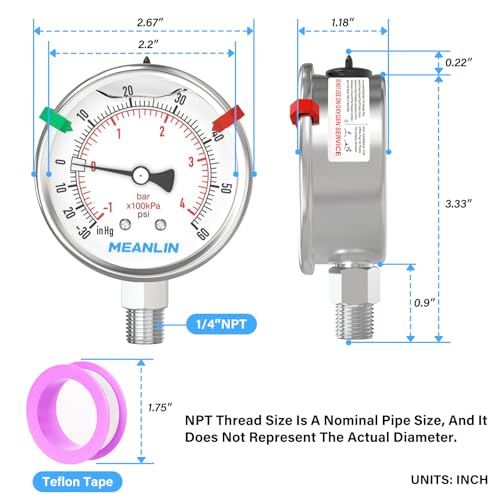 30inHG~60Psi Vacuum Pressure Gauge 316 Stainless Steel Joint 1
