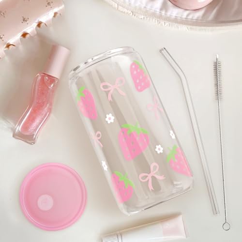 Strawberry 16 Oz Can Glass Tumbler with Acrylic Lid and Straw