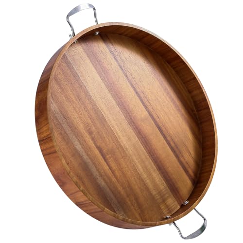 Large Round Tray 20" Round Wooden Tray Ottoman Tray with Handles Elegance and Easy to Pick Up