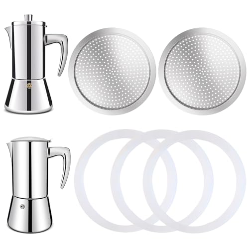 2 Pcs Filter with 3 Pcs Silicone Gasket Seals for 12 Cup Stovetop Espresso Coffee Maker Replacement Parts for 304 Stainless Steel Moka Pot (5 Count)