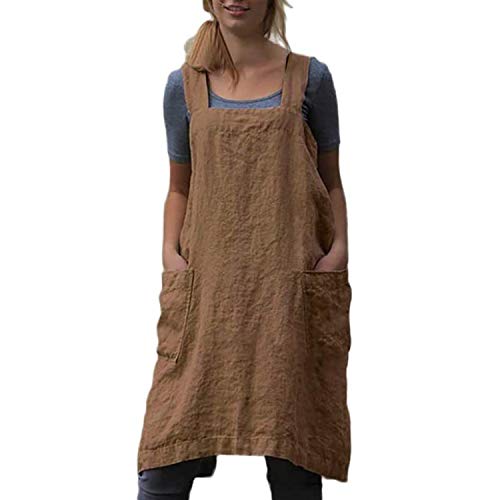 Cotton Linen Apron Cross Back Apron for Women with Pockets Pinafore Dress for Baking Cooking