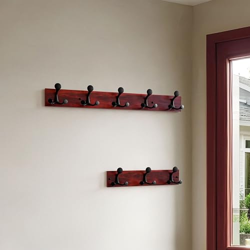 30 Inch Cherry Wood Coat Rack Wall Mount with 5 Triple Hooks