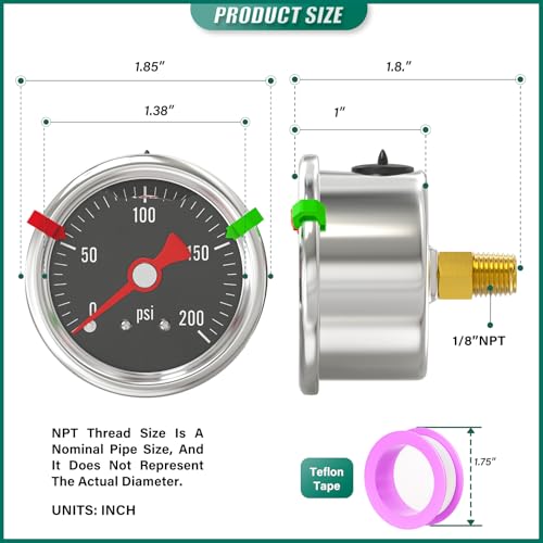 0 200PSI Stainless Steel Glycerin Filled Pressure Gauge 1.5" Black Dial Size
