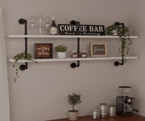 Industrial Pipe Shelving Rustic White Pipe Wall Shelves Industrial Shelves with Wood Planks Floating Shelves 60 Inch Farmhouse Bathroom (2 Count)