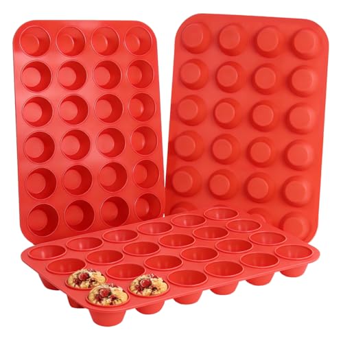 Silicone Mini Muffin Pan 3 Pack 24 Cups Nonstick Mini Cupcake Pan for Baking Muffins Cupcakes Egg Bites Fat Bombs (3 Count)