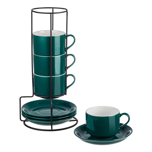 8 Ounce Porcelain Stackable Cappuccino Cups and Saucers Set of 4 (4 Count)