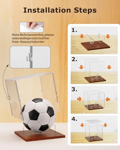 Full Size Acrylic Soccer Ball Display Case Solid Wood Base