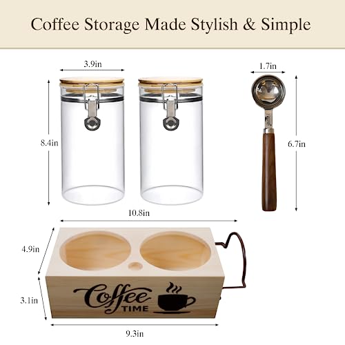 Glass Coffee Canister Set with Shelf & Spoon 2 Piece Coffee Containers for Coffee Bean Storage Airtight Seal
