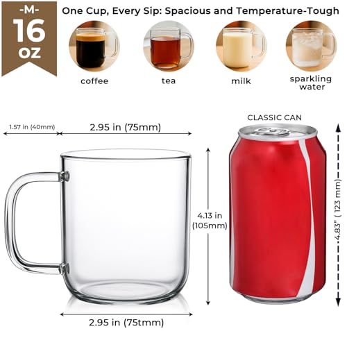 16oz Glass Coffee Mugs Set of 2 (2 Count)