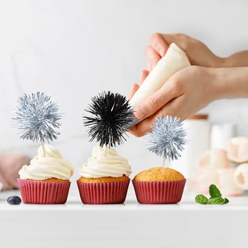 30Pcs Foil Firework Cupcake Toppers Sparkle Tinsel Cake Toppers Tinsel Drink Cake Decoration Cocktail Picks for Birthday Wedding Graduation Party Supplies Black Silver (30 Count)