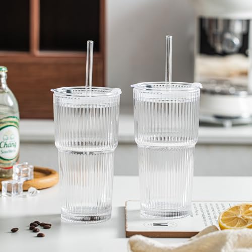 20 oz Ribbed Glass Tumblers with Lids and Glass Straws