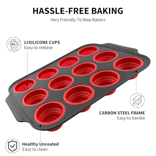 Silicone Muffin Pan for Baking with Metal Frame (12 Count)