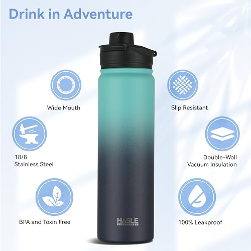 Insulated Water Bottle 22 oz Double Wall Stainless Steel Water Bottle Wide Mouth with Straw Lid & Spout Lid Keeps Cold or Hot