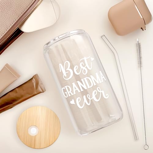 Grandma 16 Oz Can Glass Tumbler with Bamboo Lid and Straw