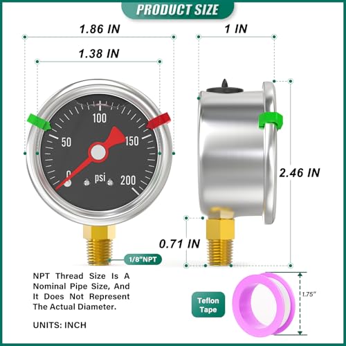 0 200PSI Stainless Steel Glycerin Filled Pressure Gauge 1.5" Black Dial Size