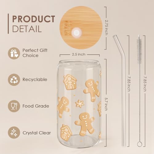 Gingerbread Christmas 16oz Can Glass Tumbler with Bamboo Lid & Straw