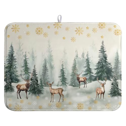 Winter Deer Snowflakes Dish Drying Mat Christmas Snow Forest Large Kitchen Mats Dish Drying Pad Absorbent Dish Dryer Mat for Kitchen Countertops Microfiber Drainer Pad Dish Drying Mats