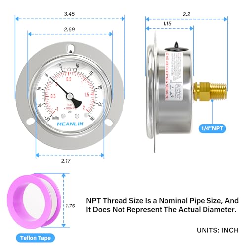 30inHG~30Psi Liquid Filled Pressure Gauge Front Flange Panel Mount