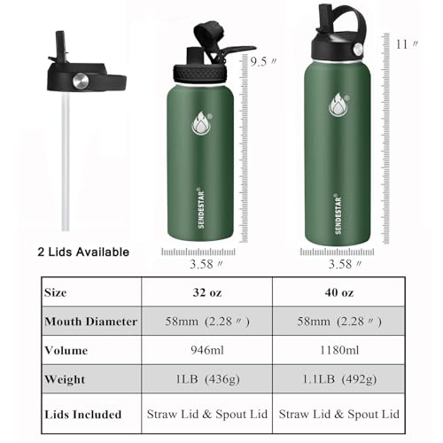 Insulated Water Bottle 40 oz with Straw