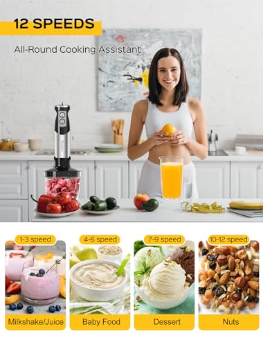 6-in-1 Hand Immersion Blender, 1000W 12 Speed Handheld Blender with 600ml Beaker, 500ml Chopper, Egg Whisk, Milk Frother, Stainless Steel Blades for Soup, Smoothie, Puree