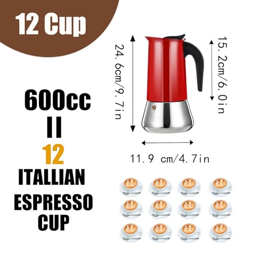 12 Cup Stovetop Espresso Maker Stainless Steel Moka Pot Stove Top Percolator Italian Coffee Makers Capable Mocha Greca Machine Cafe Classic Induction Cookers for Home and Camping 600ml 20oz
