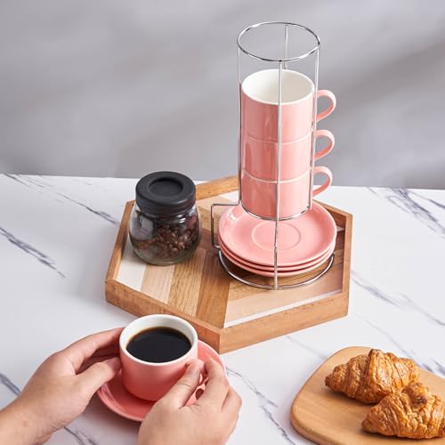 8 Ounce Stackable Cappuccino Cups with Saucers and Metal Stand (4 Count)