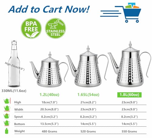 1.8L(60oz) Stainless Steel Hammer Patterned Teapot With Removeable Infuser,Loose leaf cover,Silver