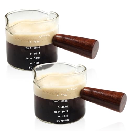 2 PCS Double Spouts Measuring Triple Pitcher Milk Cup with Wood Handle 75ML Espresso Shot Glasses Parts Clear Glass By BCnmviku (2 Count)