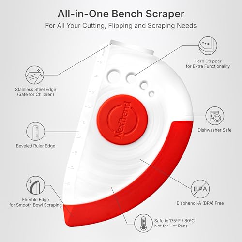 red 5-in-1 flexible dough and bowl scraper with stainless-steel edge and integrated ruler