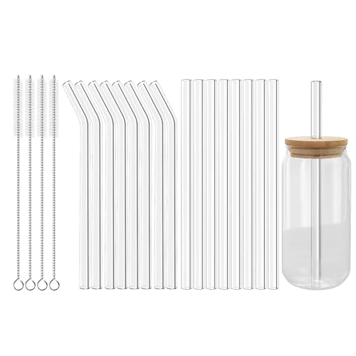 Reusable Glass Straws Set 16 Pcs 8.5''x 10MM Bent Straight Clear Glass Drinking Straws Set of 8 Straight and 8 Bent with 4 Cleaning Brushes Perfect For Smoothies (16 Count)