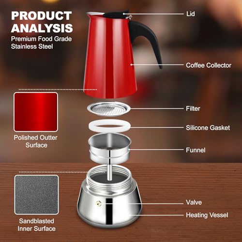 2 Cup Stovetop Espresso Maker Stainless Steel Moka Pot Stove Top Percolator Italian Coffee Makers Capable Mocha Greca Machine Cafe Classic Induction Cookers for Home and Camping 100ml 3.3oz