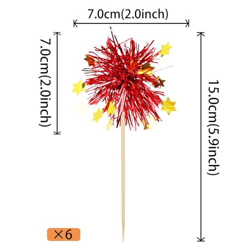 30 PCS Foil Firework Cupcake Toppers Happy Birthday Star Cupcake Picks Sparkle Tinsel Drink Stirrers Cocktail Fruit Toothpicks for Valentine's Day Wedding Birthday Party Decorations Supplies Red (30 Count)