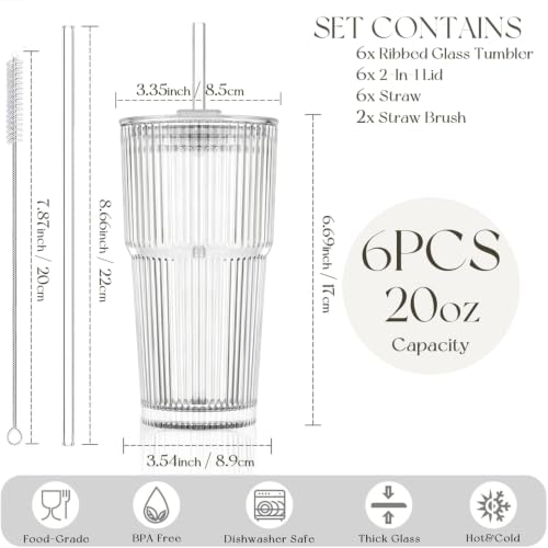20oz Ribbed Glass Tumblers with Lids and Straws