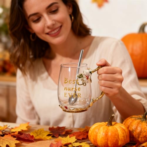 National Nurses Day Flower Glass Cup with Unique Flower Printing and Spoon