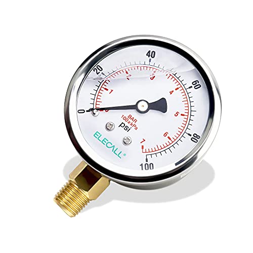 2-1/2” Glycerin Filled Pressure Gauge, 0-100Psi, 1/4”NPT Lower Mount, Stainless Steel Case, Brass Internals, Water Pressure Gauge