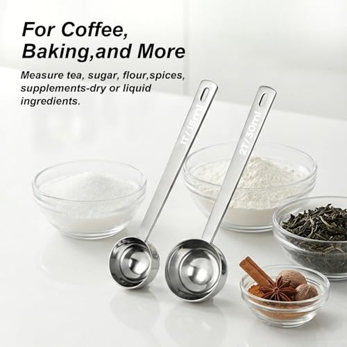 2PCS Coffee Scoop for Ground Coffee Stainless Steel Measuring Spoons Long Handle 30ml 6.4in and 15ml 5.7in Set for Deep Jars Beans Protein Powder Flour
