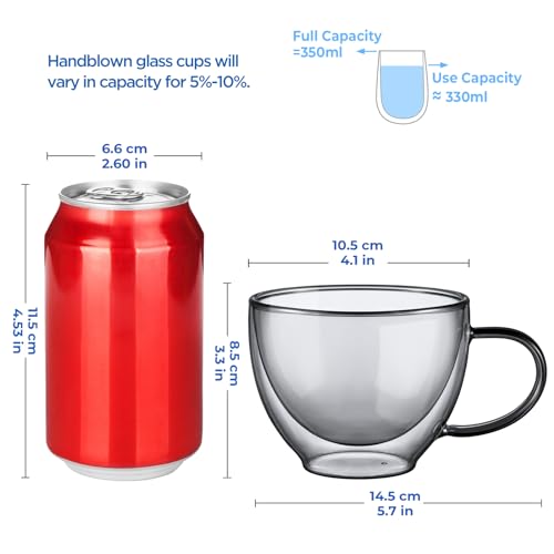 Black Double Walled Glass Coffee Mug 12 oz Cappuccino Cups Set of 2 (2 Count)