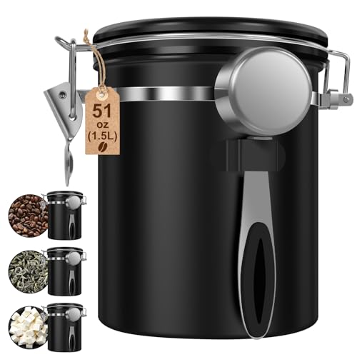 3PCS Coffee Storage Canister 1.5L 51OZ Double Airtight Coffee Beans Container with Date Locator 304 Stainless Steel Kitchen Food Storage Container with Spoon for Tea Sugar (3 Count)