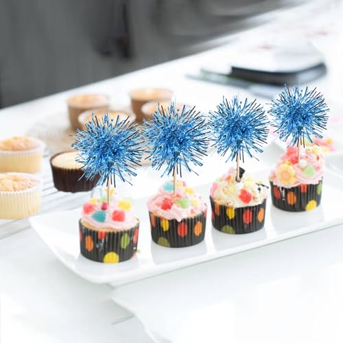 40 PCS Foil Firework Cupcake Toppers Light Blue Sparkler Cupcake Picks Sparkle Tinsel Fireworks Decorations Cocktail Fruit Toothpick for Firework Theme Birthday Wedding Graduation Party Decor Supplies (40 Count)