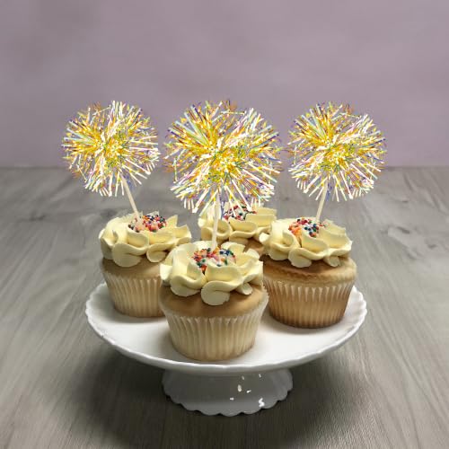30Pcs Foil Firework Cupcake Toppers Party Birthday Cake Toppers Supplies Sparkle Tinsel Cocktail Fruit Toothpick for Birthday Wedding Graduation Party Yellow (30 Count)