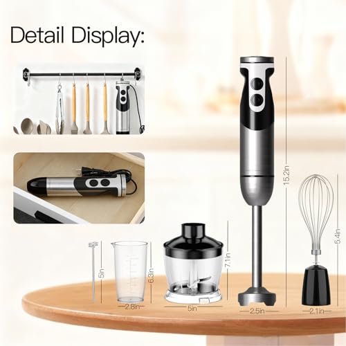 5-in-1 Hand Blender, Powerful Immersion Stick Blender with Titanium Reinforced Blades, 12-Speed Control, Includes Chopper, Beaker, Whisk & Frother for Smoothies & Baby Food