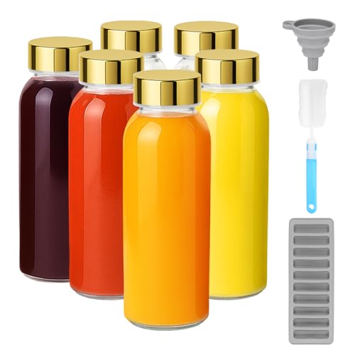 10 oz Glass Juice Bottles with Stainless Steel Gold Lid Leak Proof (6 Count)