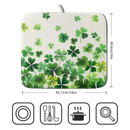 Spring Sage Green Shamrocks Drying Mat 16x18 Inch St. Patrick's Day Irish Shamrock Clover Dish Rack Pad Super Absorbent Dish Drainer Mat Dish Drying Pad Mats Protector for Kitchen Counter Coffee Bar