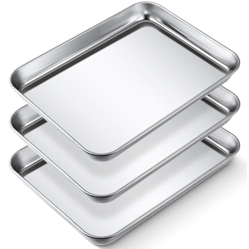 3 Pcs Baking Sheet Pan Set Stainless Steel Cookie Sheet Small Toaster Oven Pans Tray Barbecue Grill Pan Rectangle Trays Oven Freezer Bakery