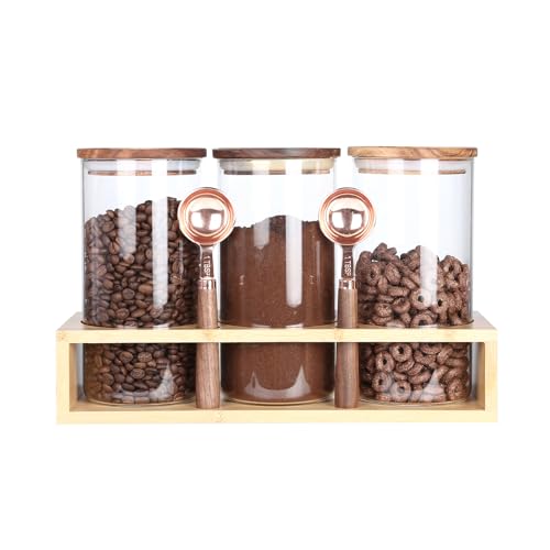 Sealed Glass Food Storage Containers with Airtight Wood Lids and Scoops for Kitchen Counter (3 Count)