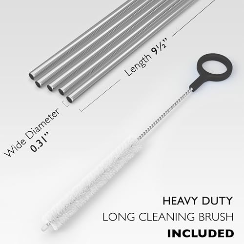 5 Stainless Steel Straws with Cleaning Brush. 9.45" Long Metal Straws Reusable for 20 24 30 Oz Tumblers (5 Count)