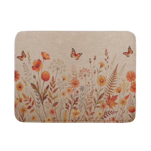 Rustic Fall Flowers Dish Drying Mat Retro Autumn Orange Floral Butterfly Dish Drainer Mats 18"x24" Microfiber Reversible Dish Drying Rack Pad Protector for Kitchen Countertop Decor