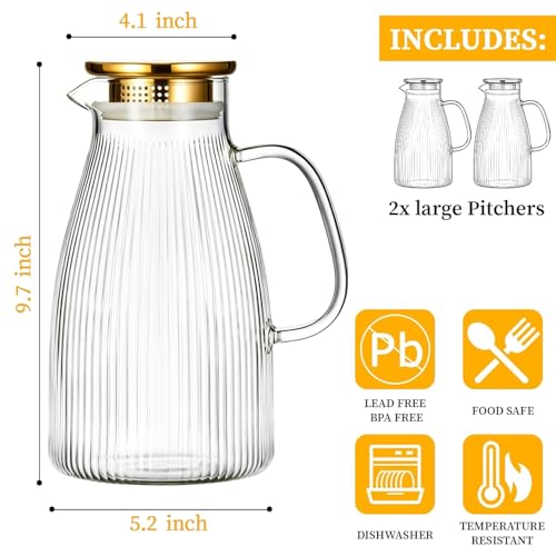 2 PACK Glass Pitcher with Lid and Widened Handle (68 Count)