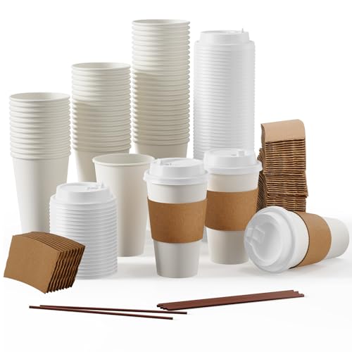 50 Pack 16 oz Disposable Paper Coffee Cups with Lids & Sleeves (50 Count)