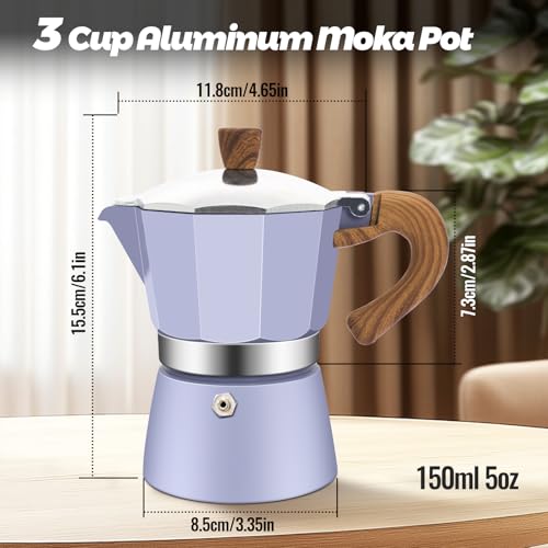3 Cup Aluminum Moka Pot Purple Classic Stovetop Espresso Coffee Maker 150ml 5oz Coffeemaker Percolator Mocha Pot Greca Coffee Maker Cafe Makers for Italian and Cuban Café Brewing Purple (5 Ounce)